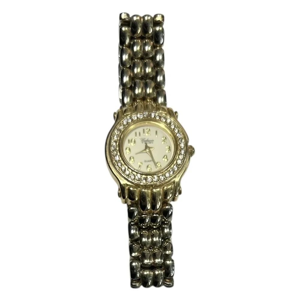 Vintage GALAXIE By ELGIN Watch Goldtone Crystal Rhinestone Bezel Quartz NLN406